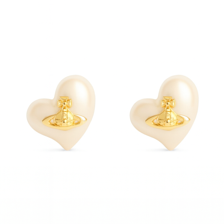 The Chunky Pearly White Gold Saturn Heart Studs
