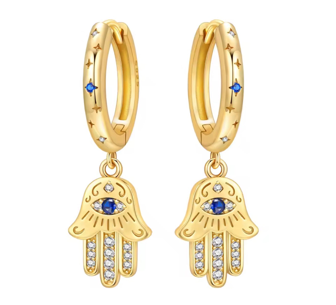 The Gold Halo Eye Hamsa Drop Huggie Earrings