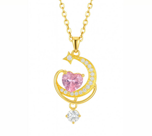 The Gold Rosé Pink Dreamy Heart Drape Moon Necklace