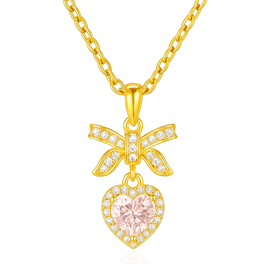 The Gold Sparkling Pink Dreamy Heart Bow Necklace
