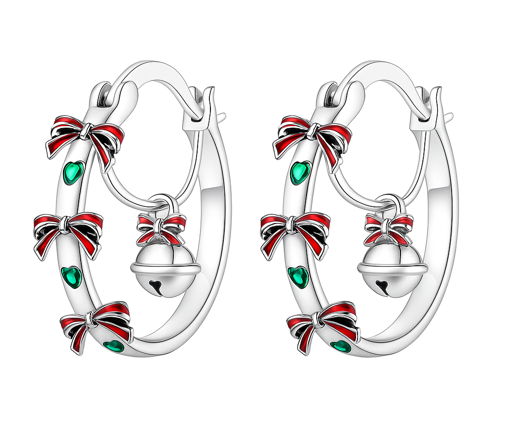 The Silver Festive Bow Bell Hoop Earrings