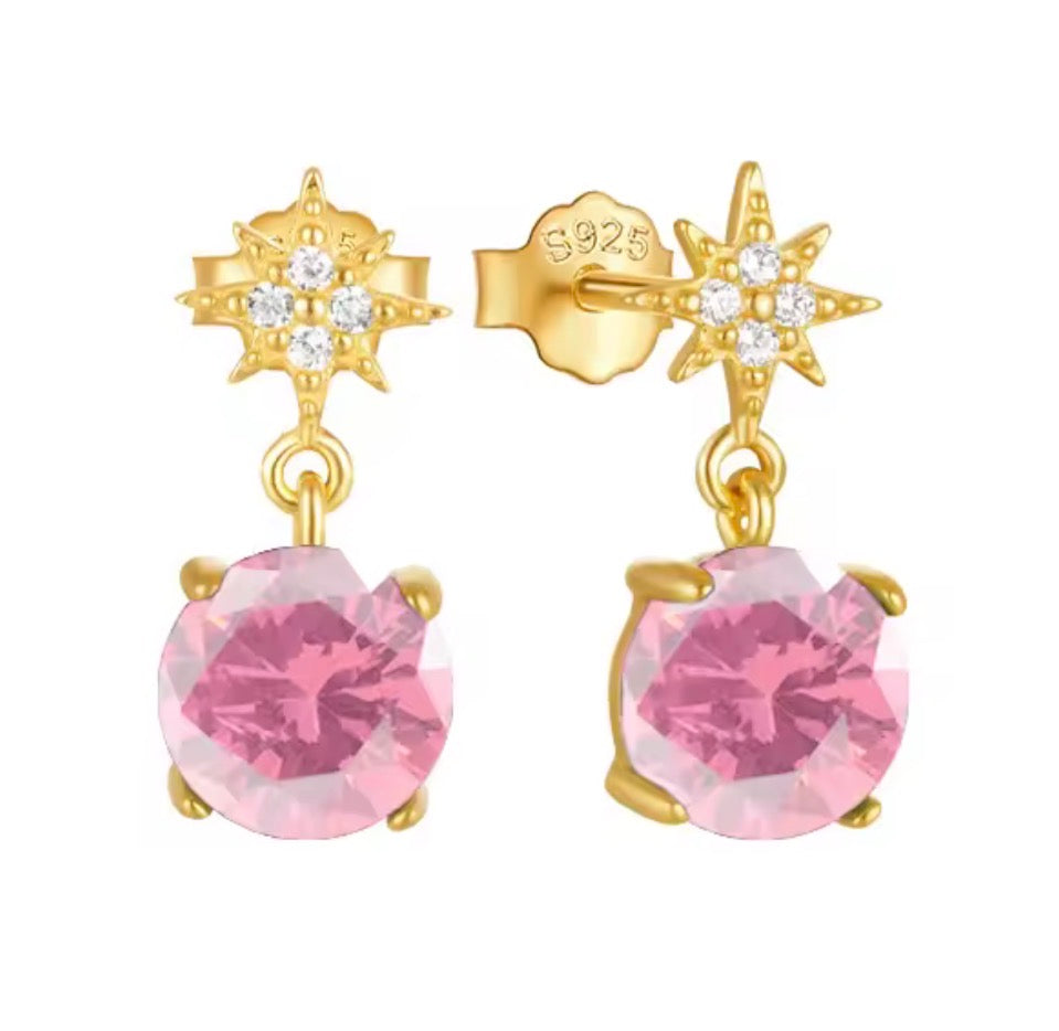The Gold Magical Pink Star Dangle Stud Earrings