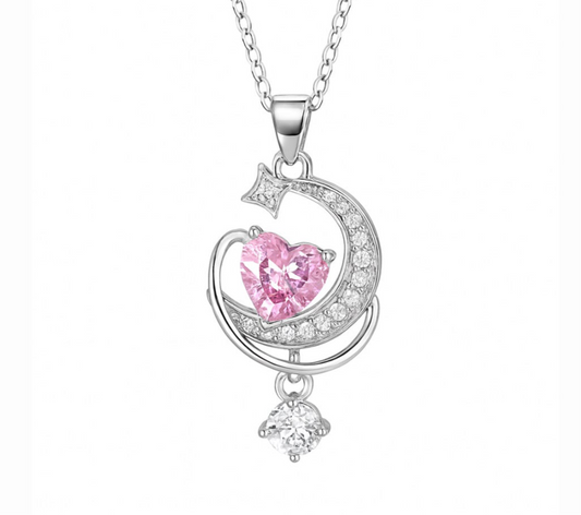 The Silver Rosé Pink Dreamy Heart Drape Moon Necklace