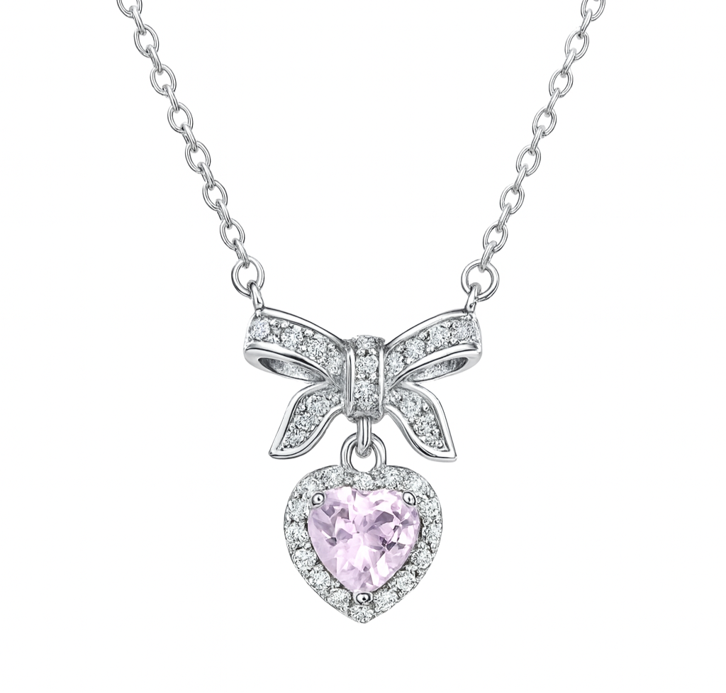 The Silver Sparkling Pink Dreamy Heart Bow Necklace