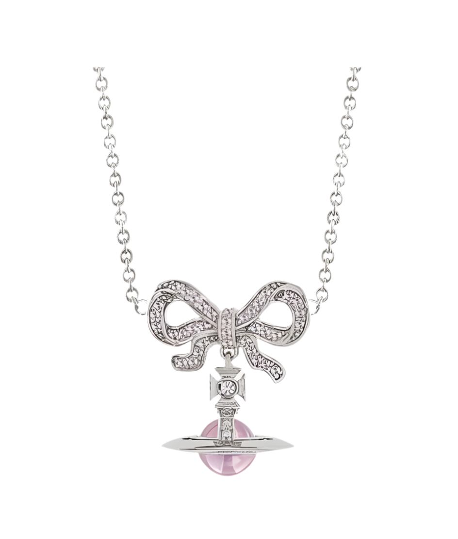 The Silver Sparkling Baby Pink Bow Planet Neckace