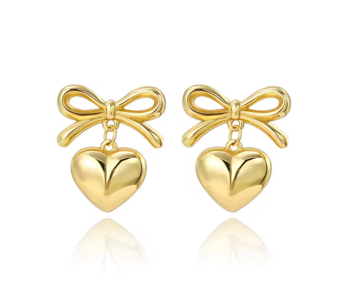 The Gold Gifted Heart Bow Drape Studs