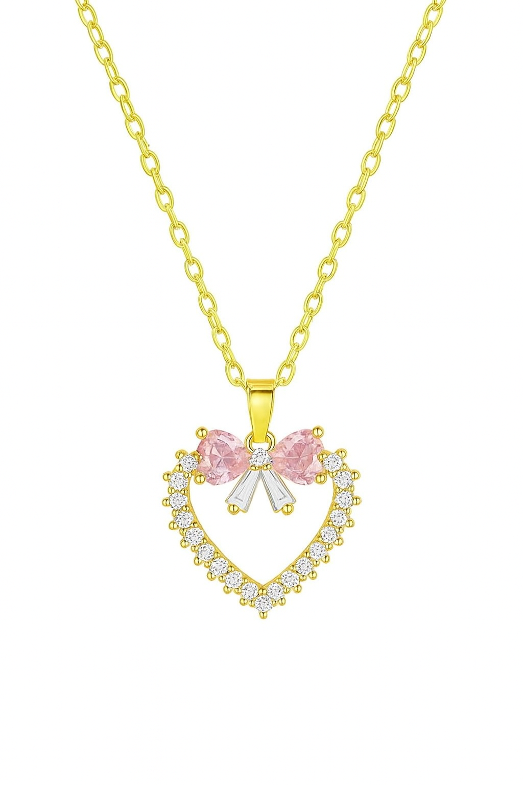 The Gold Sparkling Pink Bow Heart Necklace