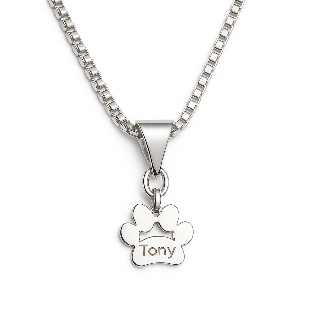 The Silver Man’s Best Friend Dog Paw Print Name Necklace