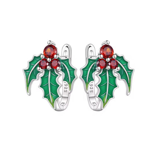 The Silver Christmas Holly Clip Earrings