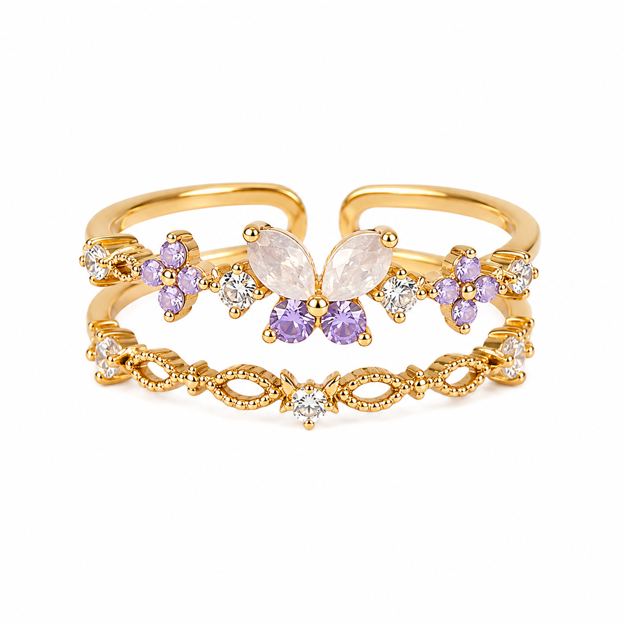 The Gold Lilac Crystal Butterfly Luna Flower Stack Adjustable Ring