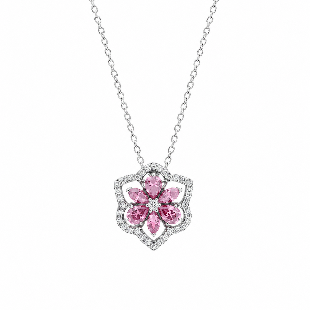 The Silver Sparkling Pink Cherry Blossom Flower Pendant Necklace