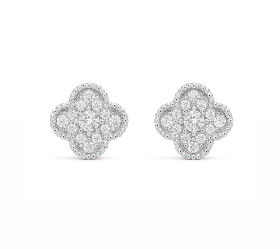 The Silver Sparkling Diamanté Clover Flower Studs