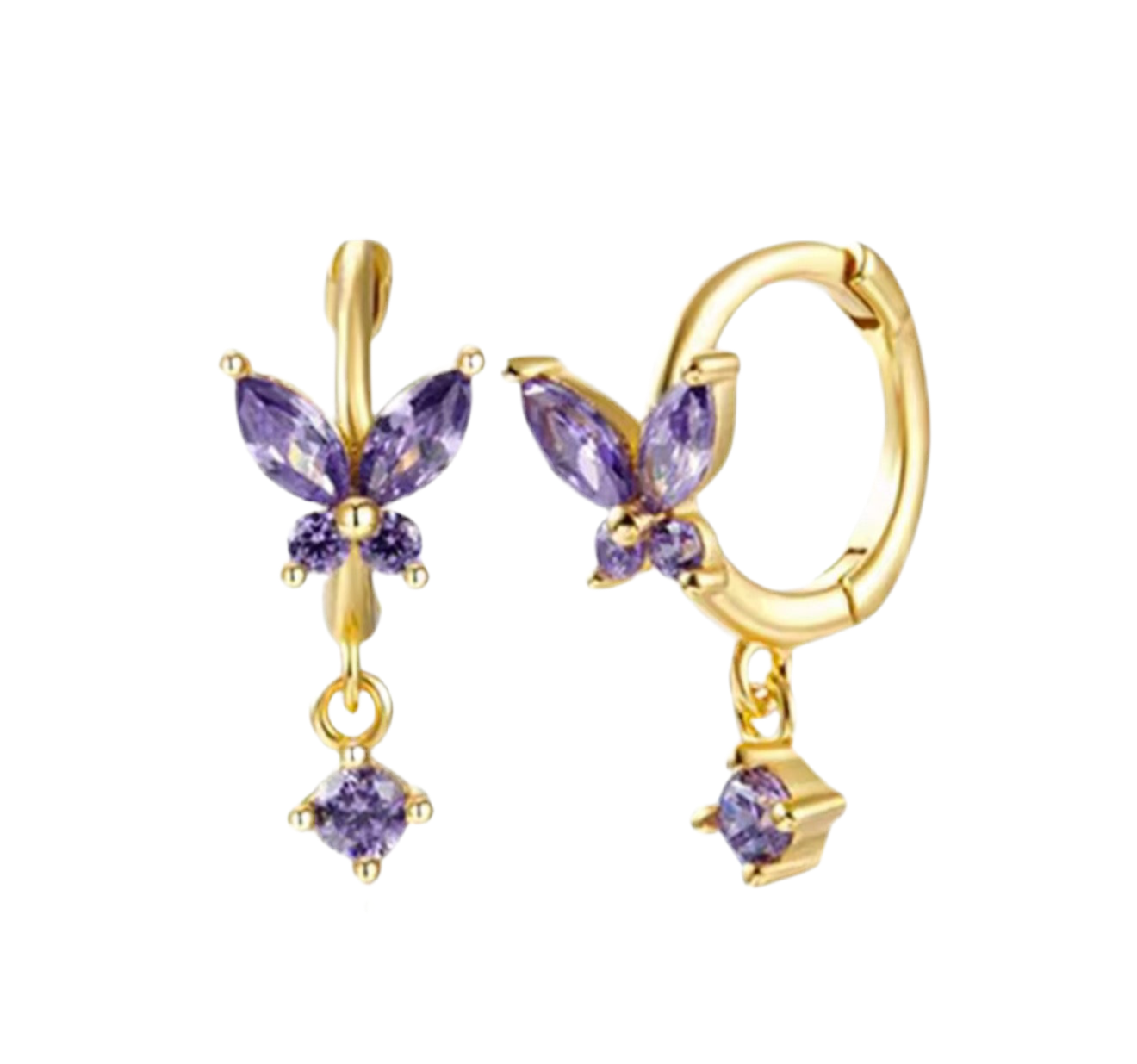 The Gold Purple Rapunzel Butterfly Dangle Huggies