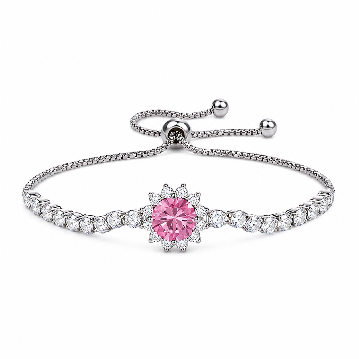 The Silver Princess Pink Flower Adjustable Tennis Bracelet