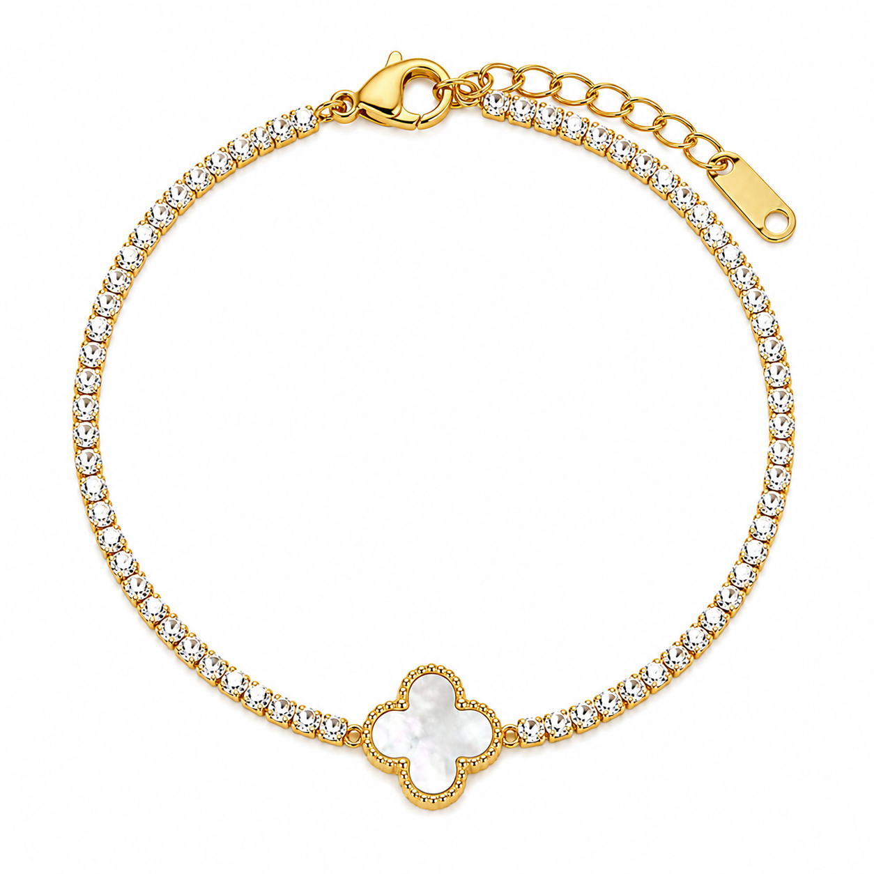 The Gold Sparkling Pearly White Arabia Clover Tennis Bracelet