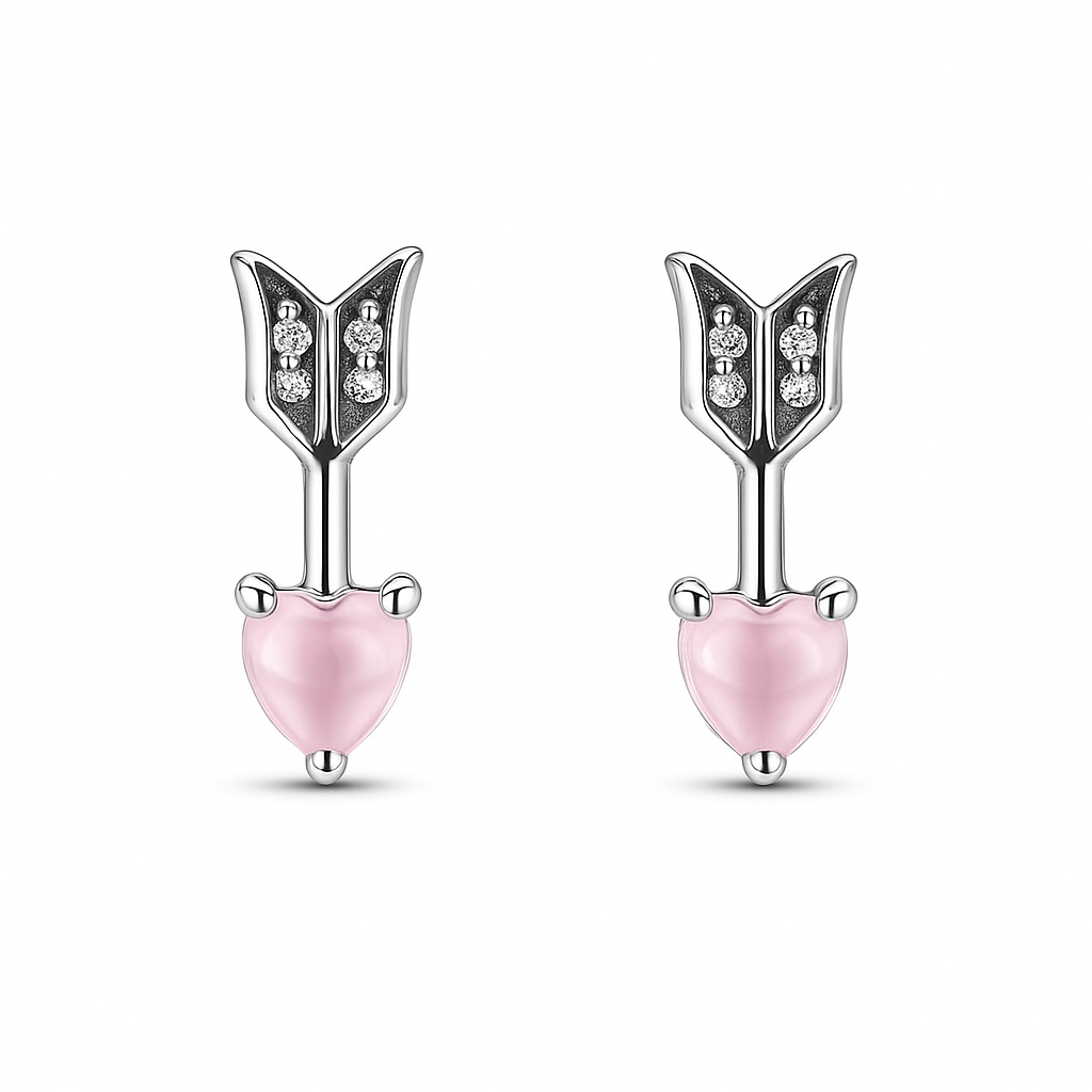 The Silver Pink Cupid Arrow Heart Earrings