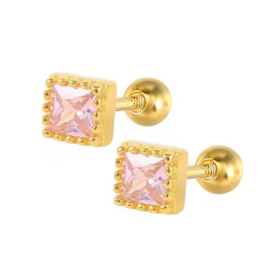 The Gold Pink Square Sugar Quartz Studs