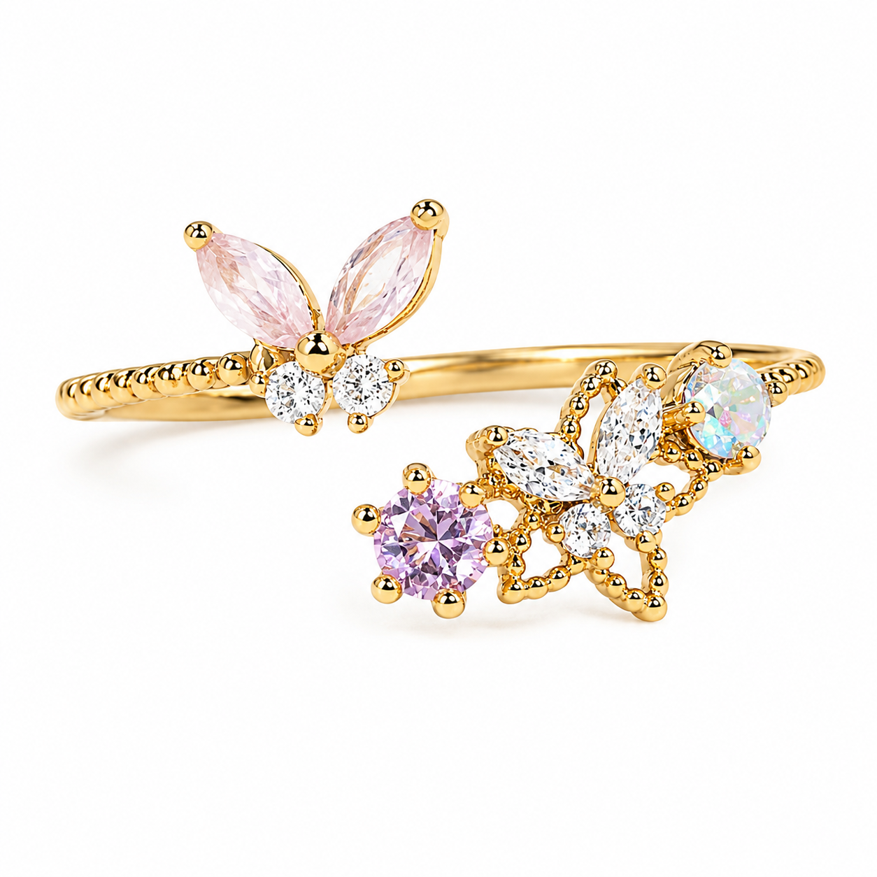 The Gold Pink & Lavender Fairy Butterfly Adjustable Ring