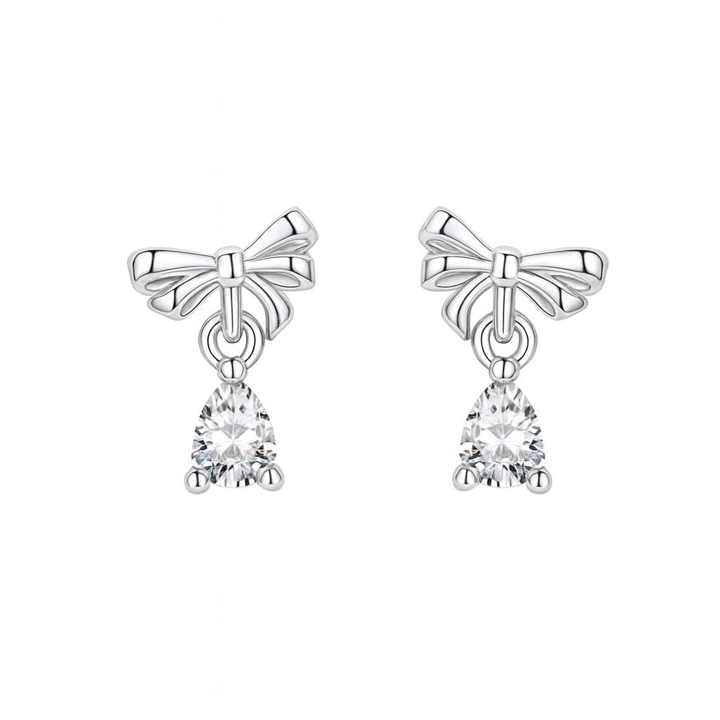 The Silver Dainty Small Crystal Bow Drop Earrings