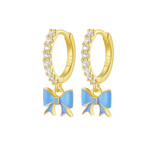The Gold Pretty Blue Bow Hoop Earrings