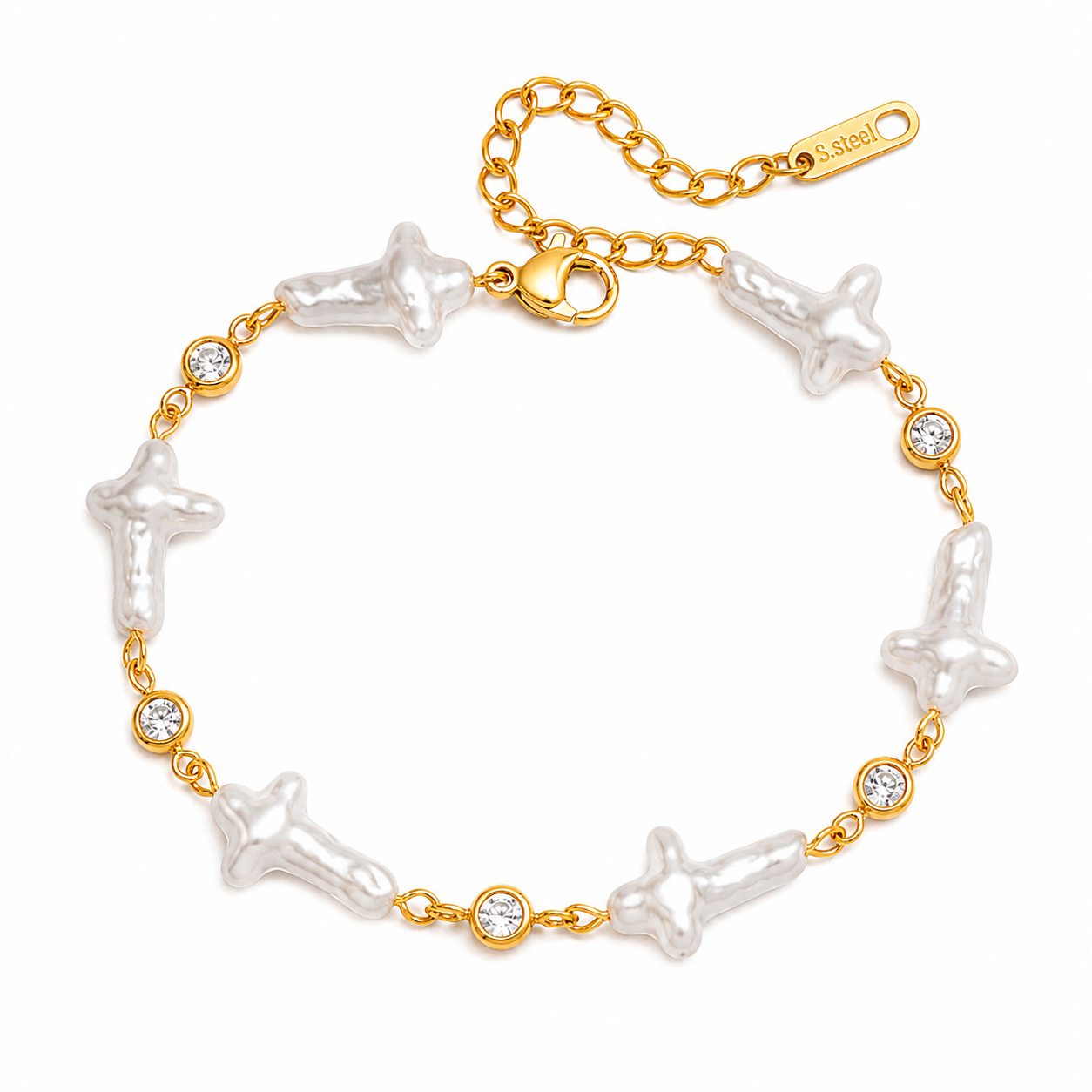 The Gold Pearly Holy Cross Charm Bracelet
