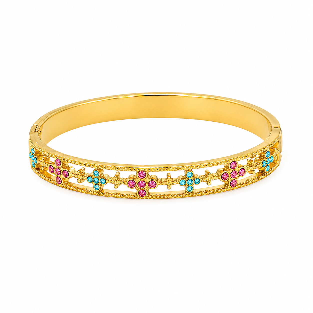 The Gold Sparkling Deluxé Pink & Blue Clover Flower Ami Bangle