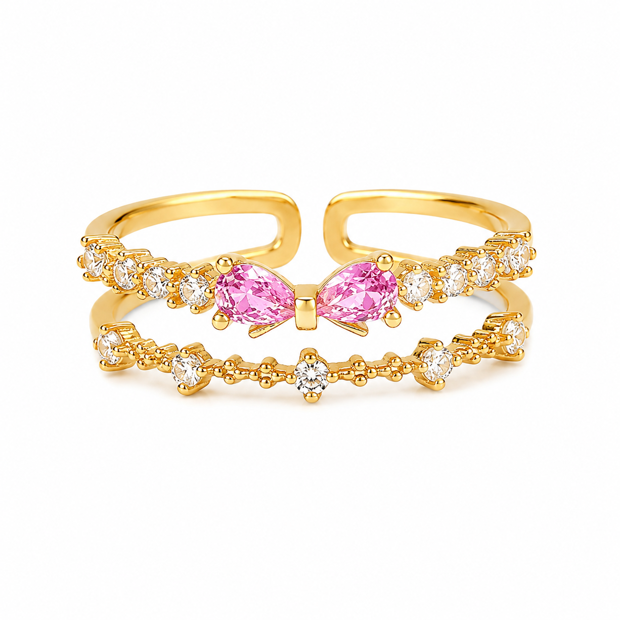 The Gold Pink Princess Bow Stack Adjustable Ring