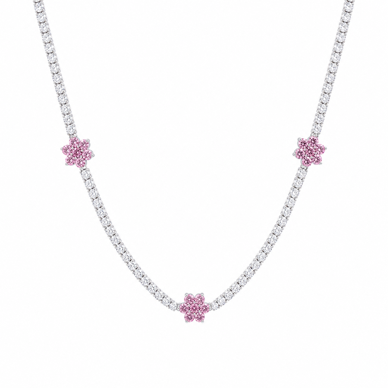 The Silver Sparkling Pink Cherry Blossom Flower Tennis Necklace