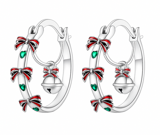The Silver Festive Bow Bell Hoop Earrings