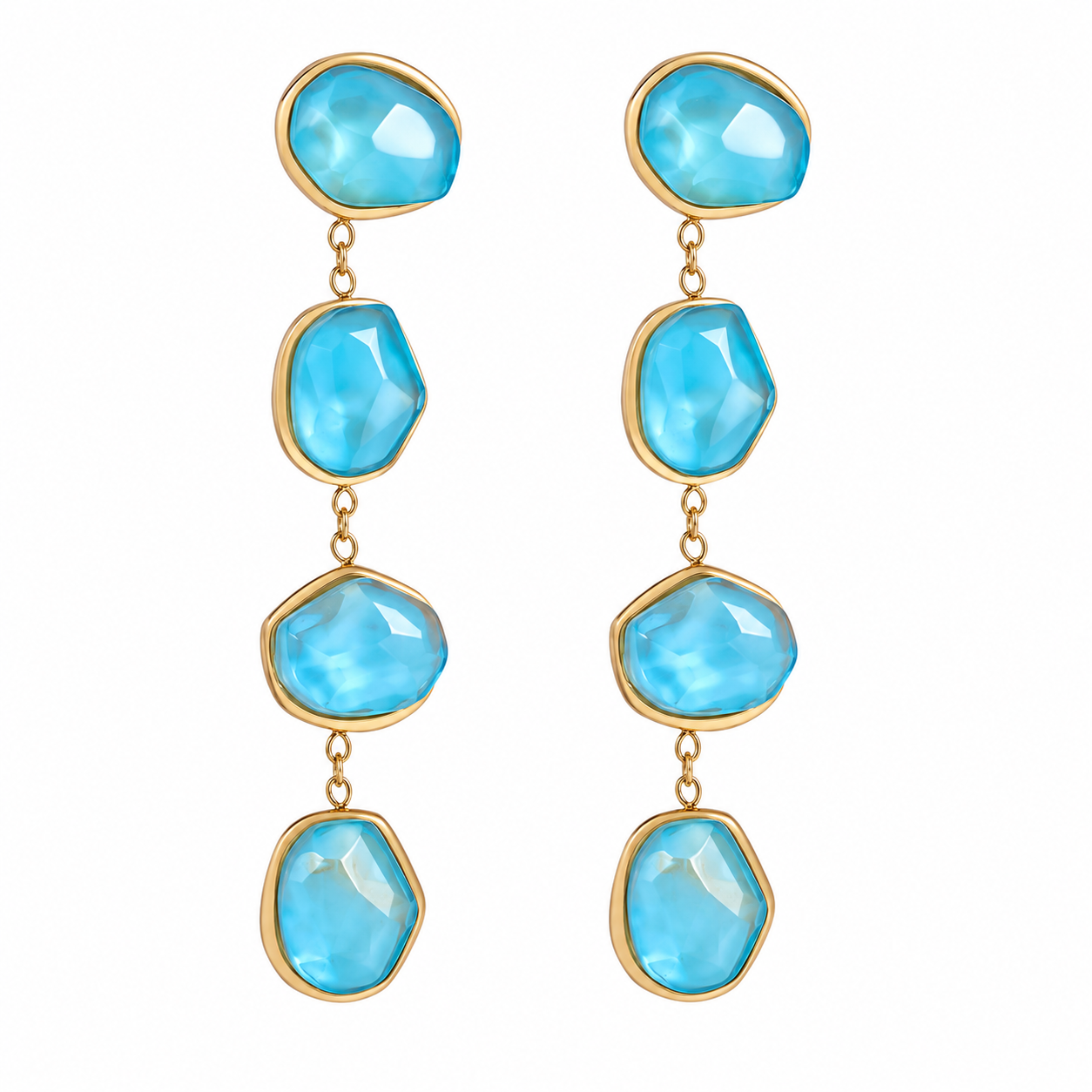 The Gold Abstract Blue Water Droplet Drape Studs