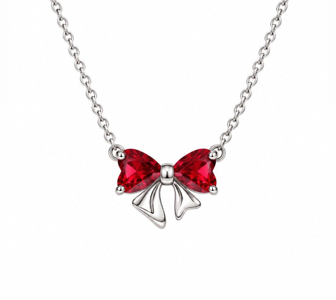 The Silver Ruby Red Ribbon Bow Grace Pendant Necklace