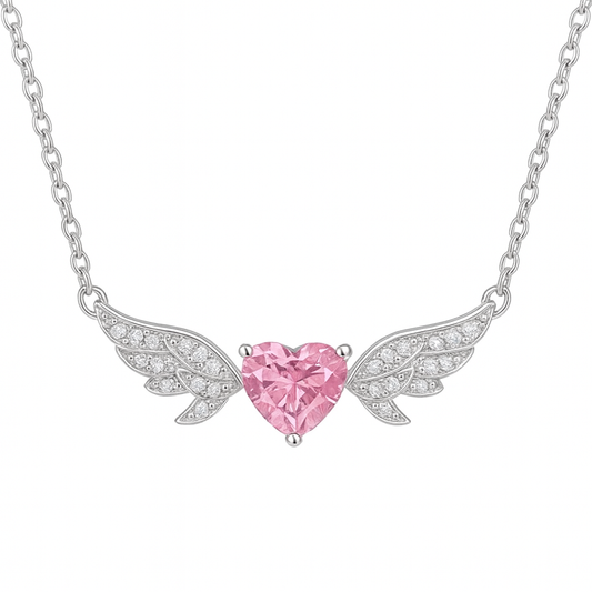 The Silver Limited Edition Dreamy Pink Heart Angel Wings Necklace