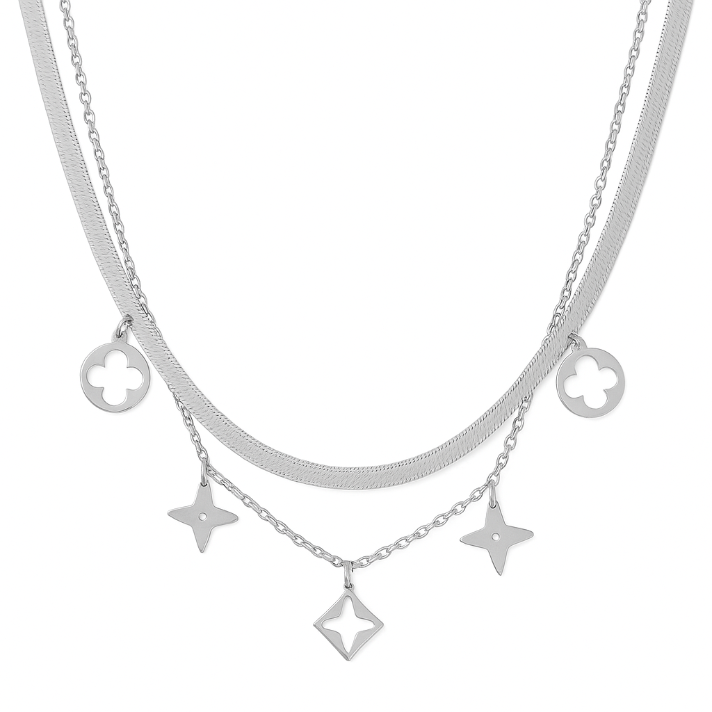 The Silver Bloom Clover Duo-Layer Necklace
