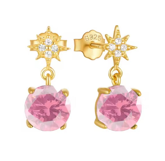 The Gold Magical Pink Star Dangle Stud Earrings