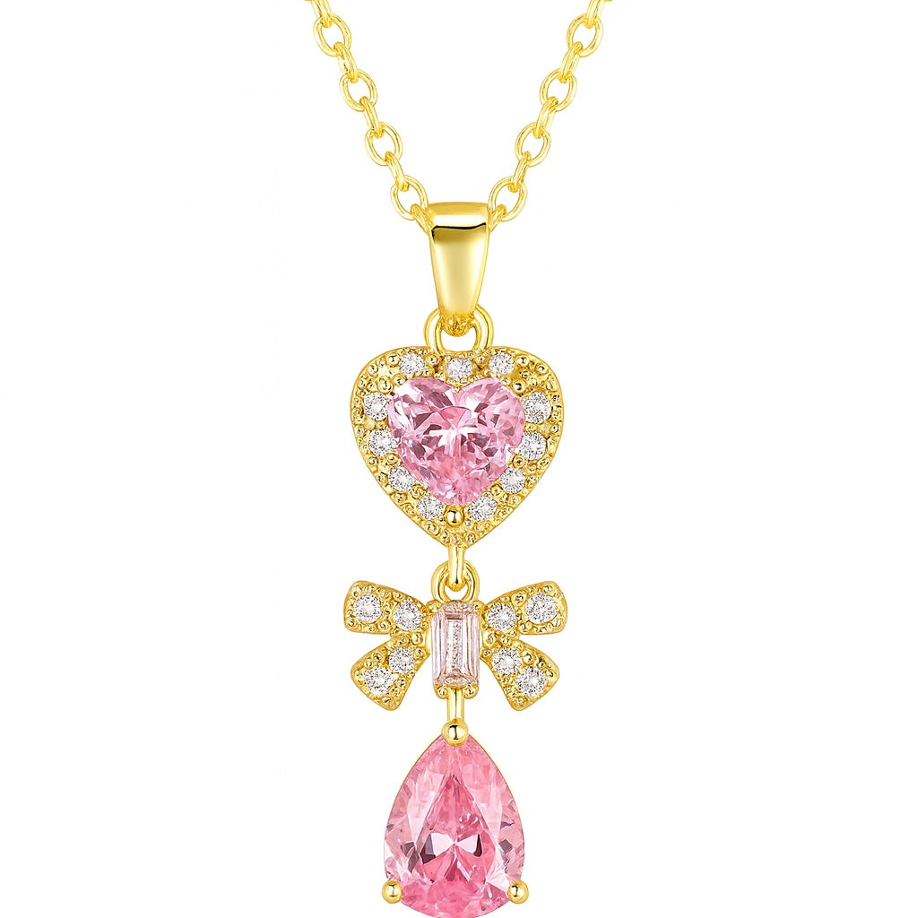 The Sparkling Gold Pink Heart Drop Bow Necklace