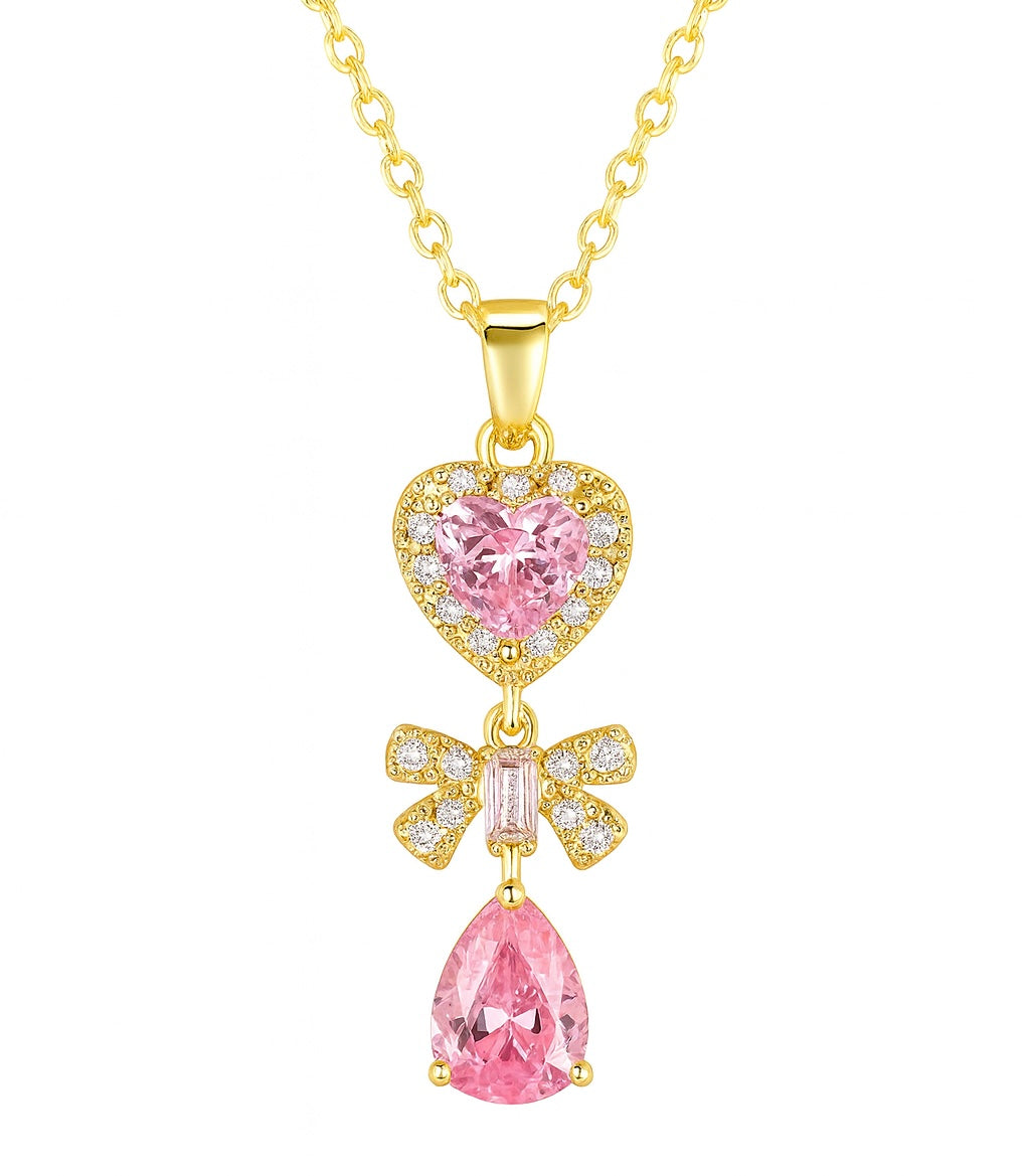 The Sparkling Gold Pink Heart Drop Bow Necklace