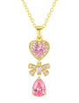 The Sparkling Gold Pink Heart Drop Bow Necklace