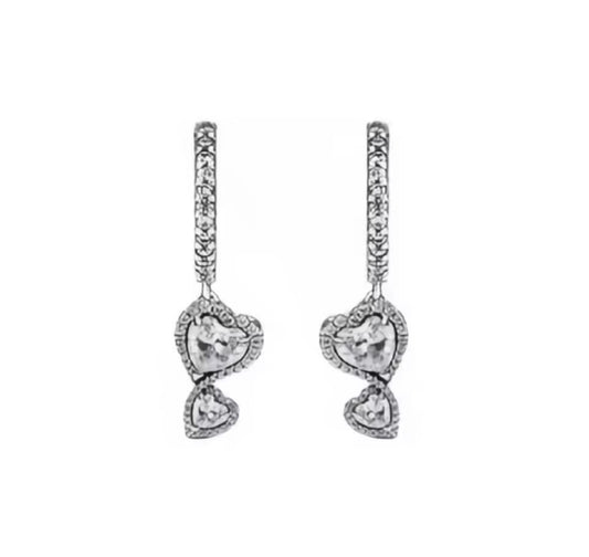 The Silver Sparkling Double Heart Drop Earrings