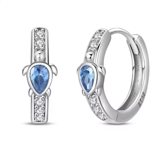 The Silver Sparkling Ocean Turtle Drop Hoop Earrings