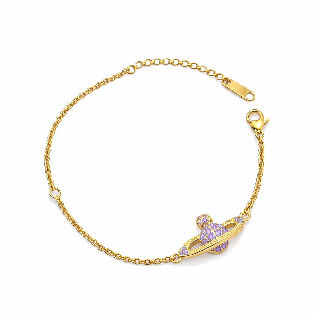 The Gold Lilac Purple Sparkling Saturn Planet Bracelet