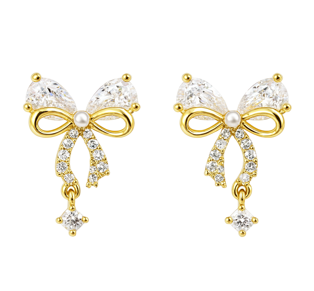 The Gold Frosted Ribbon Drape Bow Dream Earrings