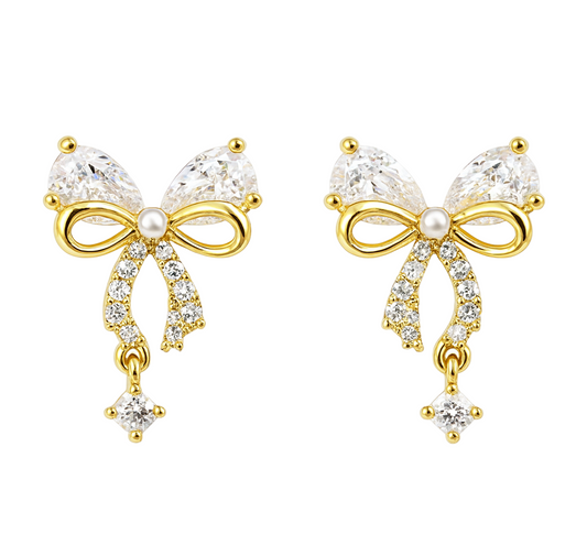 The Gold Frosted Ribbon Drape Bow Dream Earrings