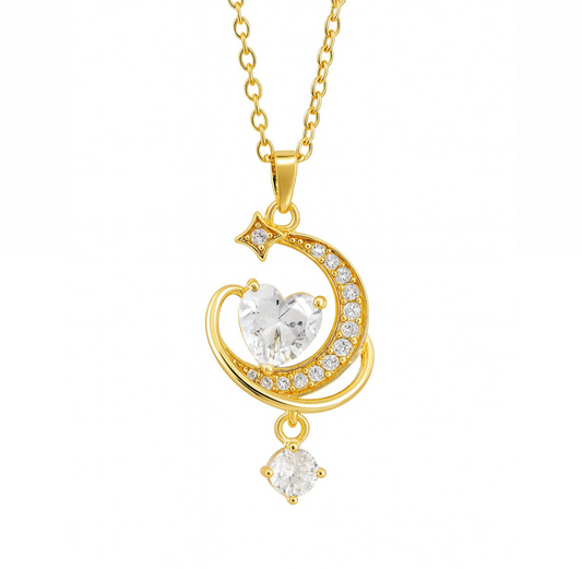 The Gold Pink Dreamy Heart Drape Moon Necklace