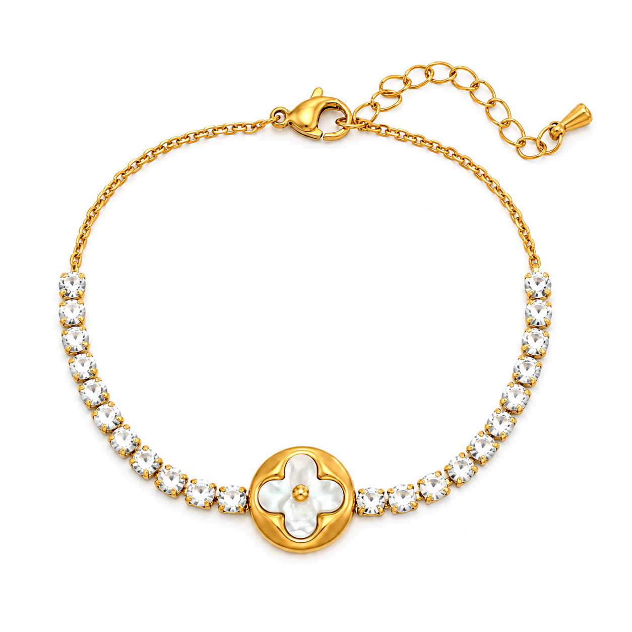 The Gold White Clover Flower Deluxe Flower Tennis Bracelet