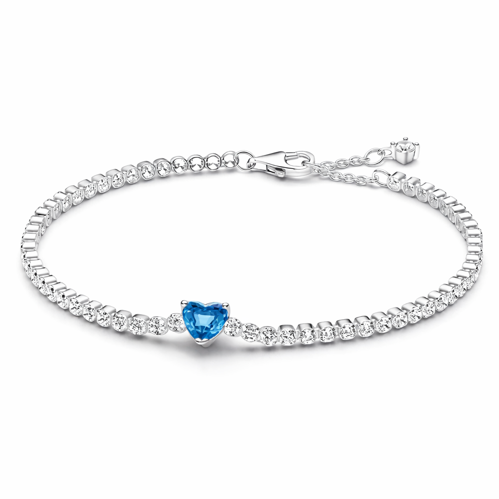 The Silver Sparkling Ocean Blue Heart Tennis Bracelet
