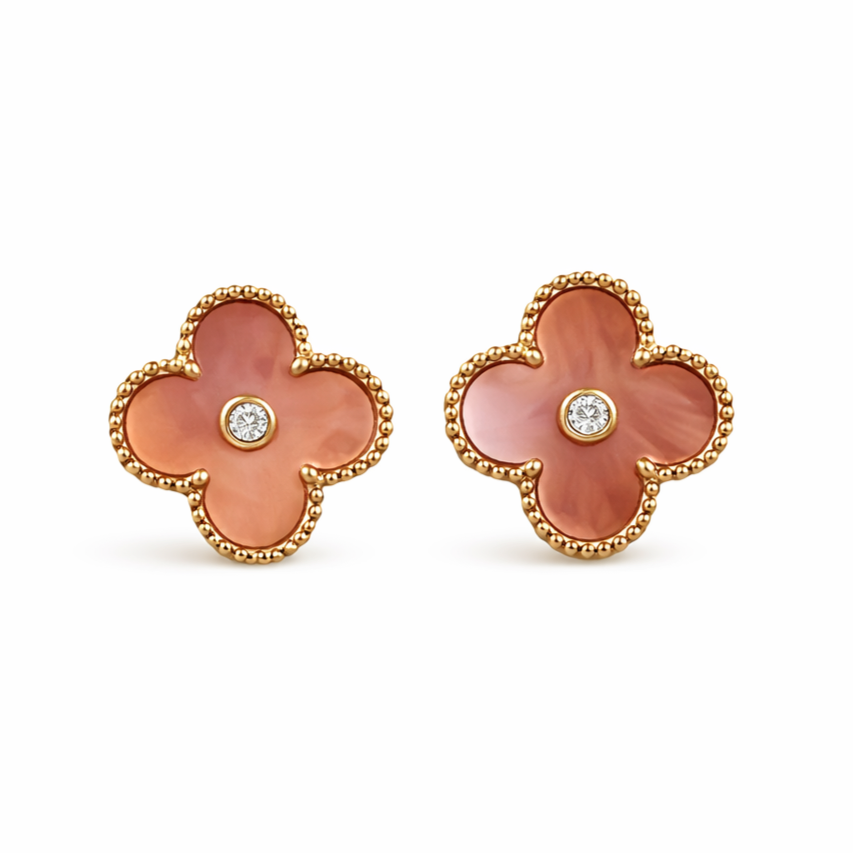 The Gold Peachy Pink Clover Flower Studs