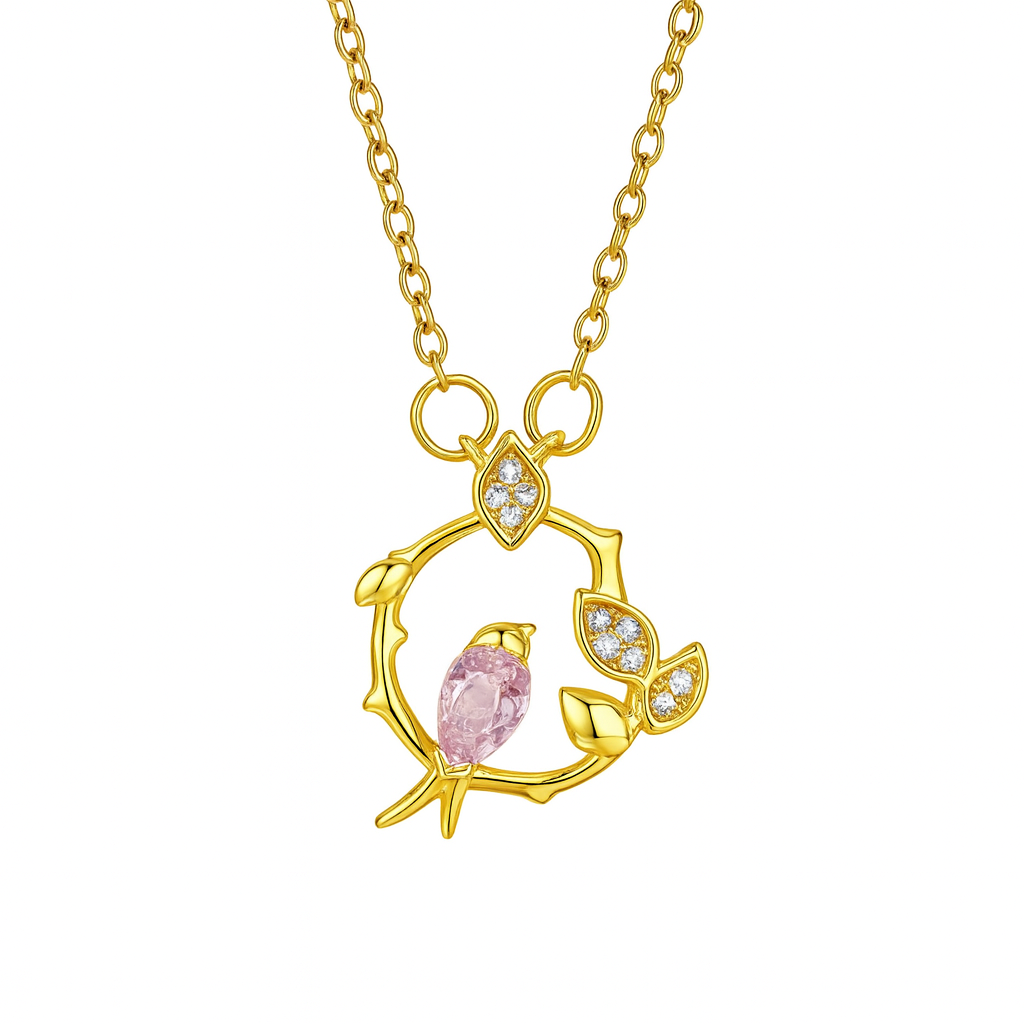 The Gold Pink Mocking Bird Pendant Necklace