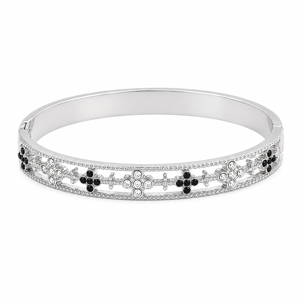 The Silver Sparkling Deluxé Black & Clear Clover Flower Ami Bangle