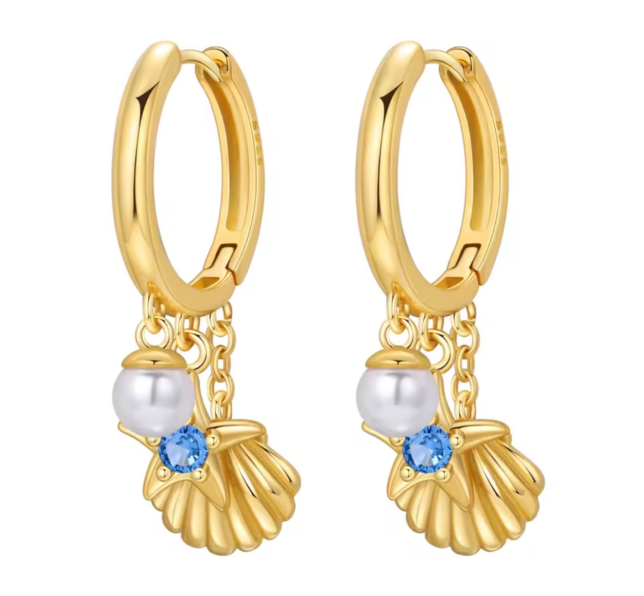 The Gold Ocean Blue Whisper Shell Pearl Huggie Earrings
