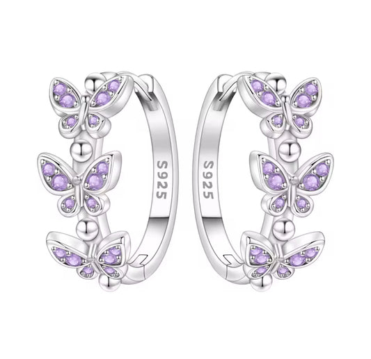 The Silver Lavender Butterfly Hoops